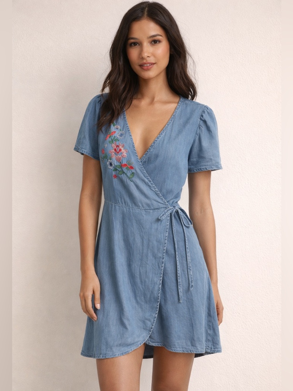 Blu Pepper Women's Wrap Dress Short Sleeve, Chambray, Embroidery , Mini Dress